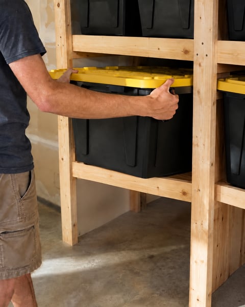 Two hands gripping one tote above a fixed wooden crossbeam between the rack posts